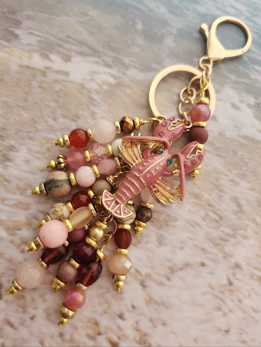 Pink Lobster Purse Charm Rose And Strawberry Quartz Agate Handcrafted